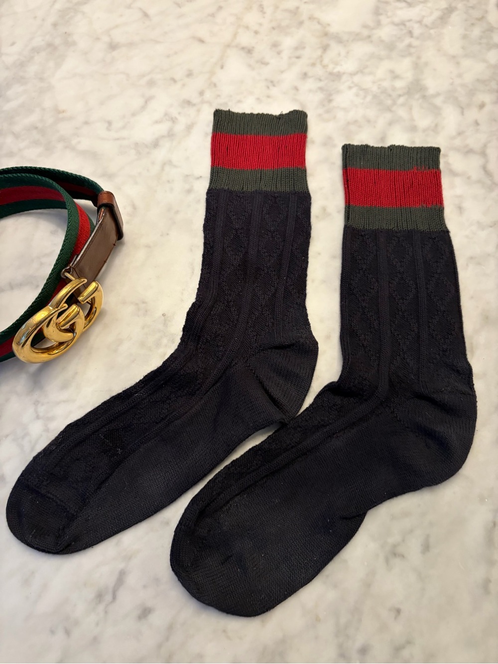 GUCCI Green and Red Web Belt with Gold Double G Buckle and GUCCI Socks! - Picture 10 of 11